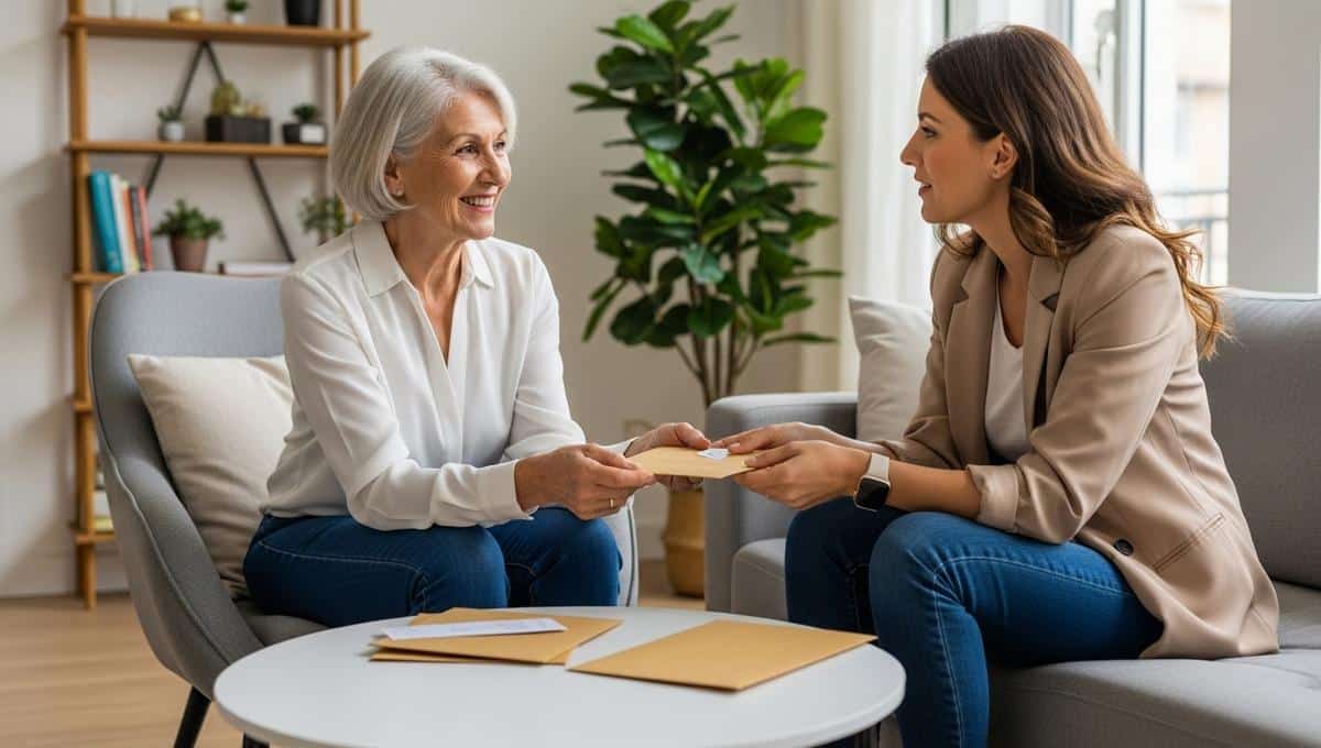 Une mère souriante transmet une enveloppe à sa fille adulte dans un salon, symbolisant une donation familiale du vivant